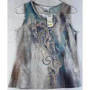 Distressed/Washed Gray Teal Pearl Fleur De Lis Grunge Tank Top, Sz S NWT New